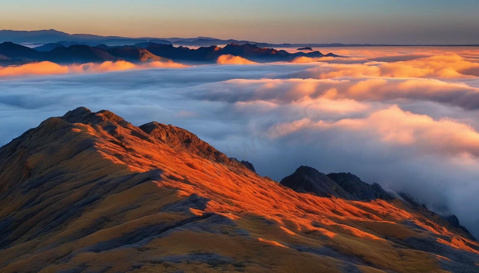 Grey Blue Sea of Clouds with Bright Orange Sunrise Edge Background