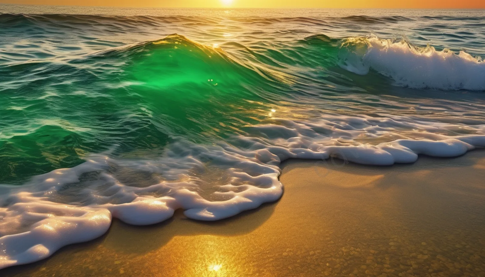 Emerald Shallow Sea Golden Sunset Waves Background