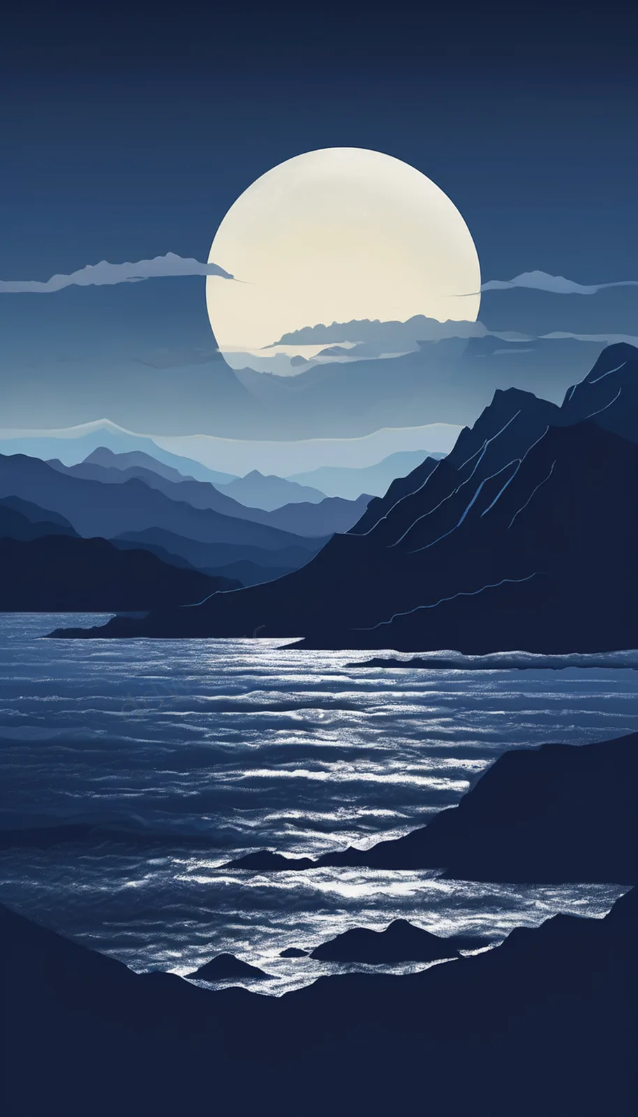 Deep Midnight Blue Mountain and Ocean Silhouette Minimalist Wallpaper