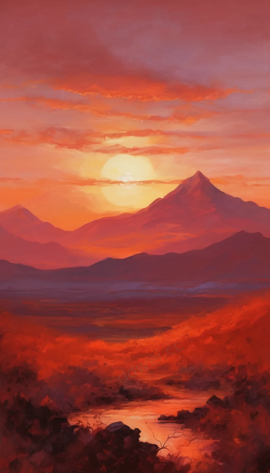 Sunset Orange and Crimson Distant Mountain Silhouette Minimalist Wallpaper