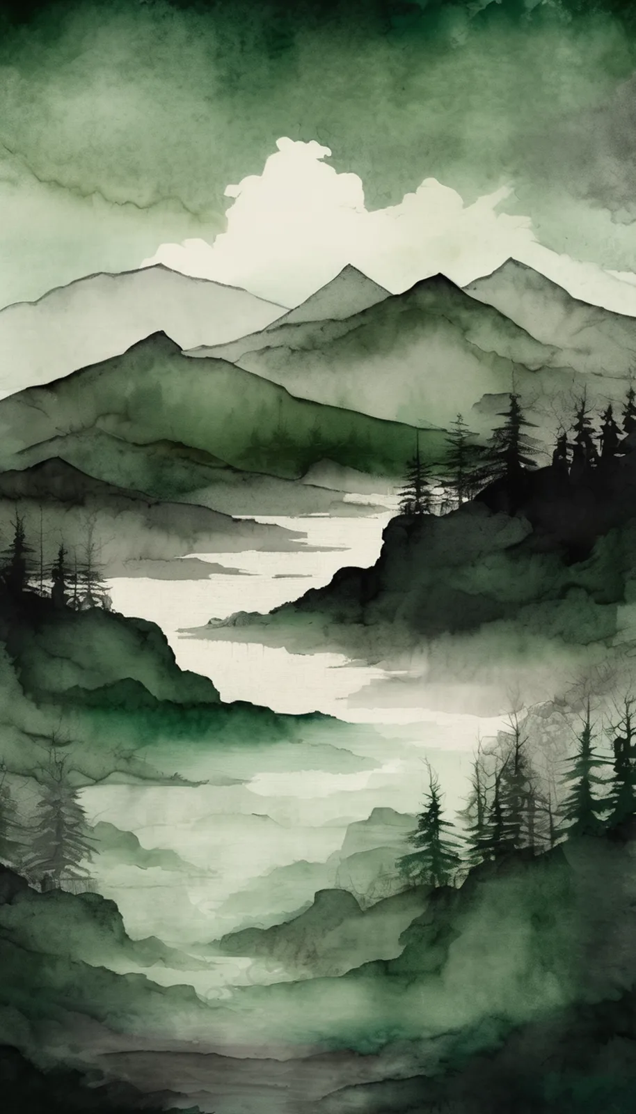 Dark Green and Gray Ink Wash Mountain Sea Phone Wallpaper