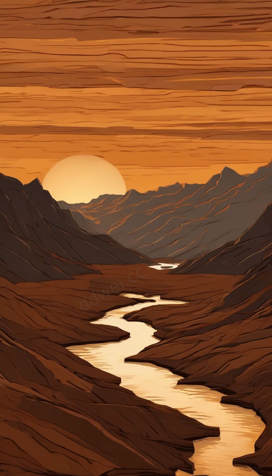 Amber Wood Grain Deep Canyon Mountain Silhouette Phone Wallpaper