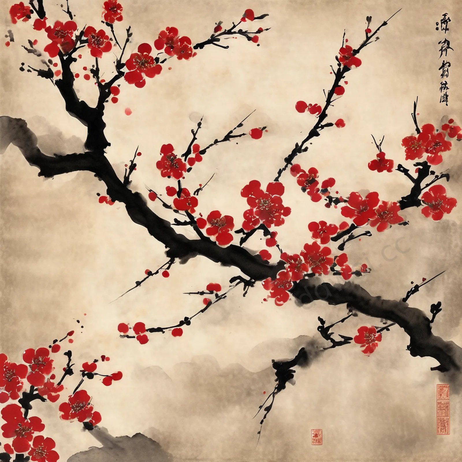 Carmine Red Ink Plum Blossom Classical Chinese Style Poster Background