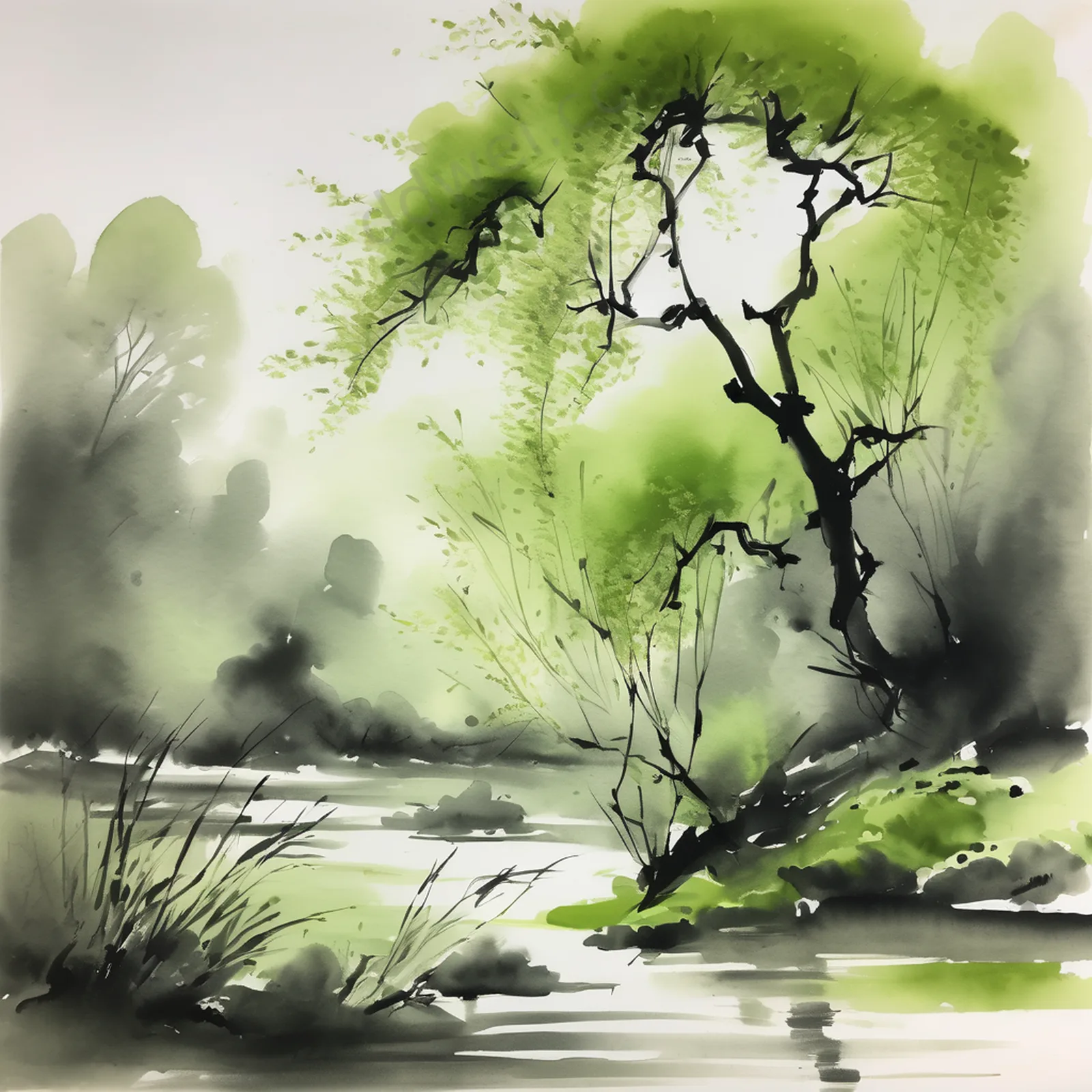 葱绿水墨春柳拂水清新留白背景