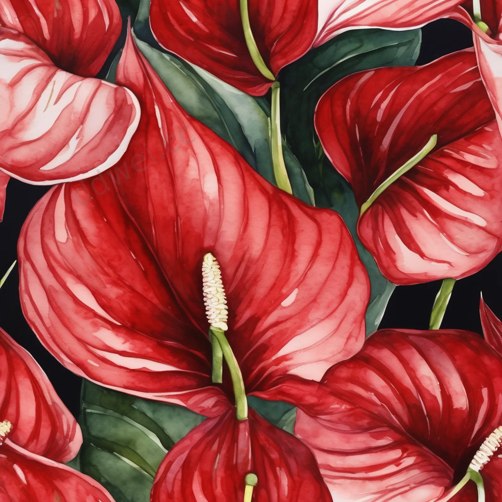 Crimson Watercolor Anthurium Flowers Background