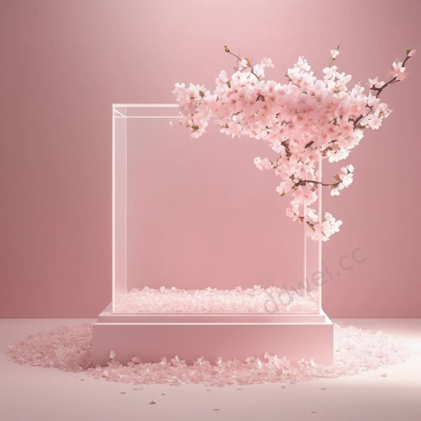 Pink and White Acrylic Podium with Cherry Blossom Petals Background