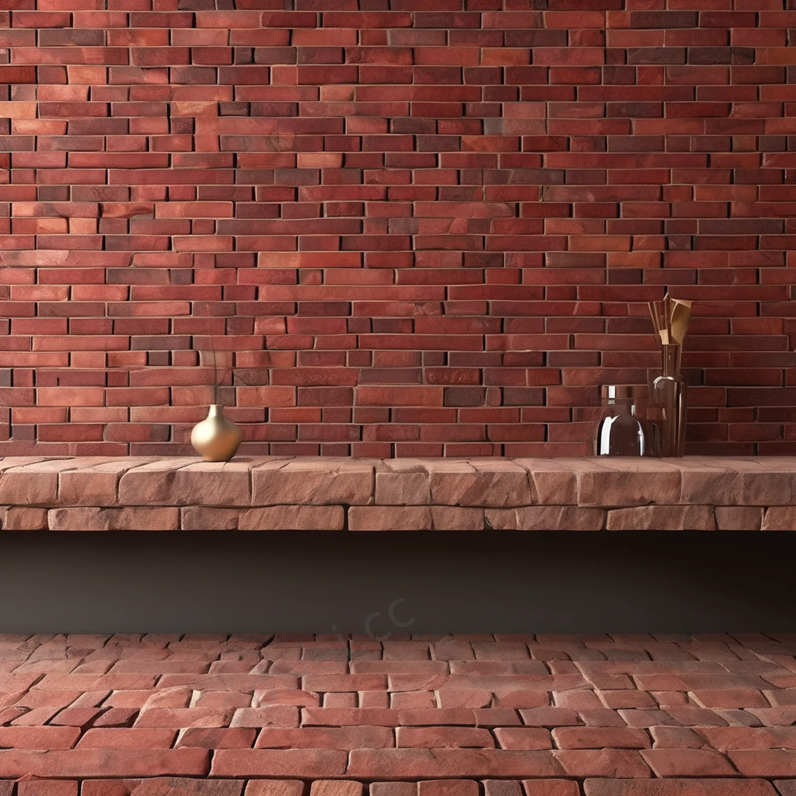 Brick Red Cultural Stone Countertop Background with Left Negative Space in Warm Fireplace Glow