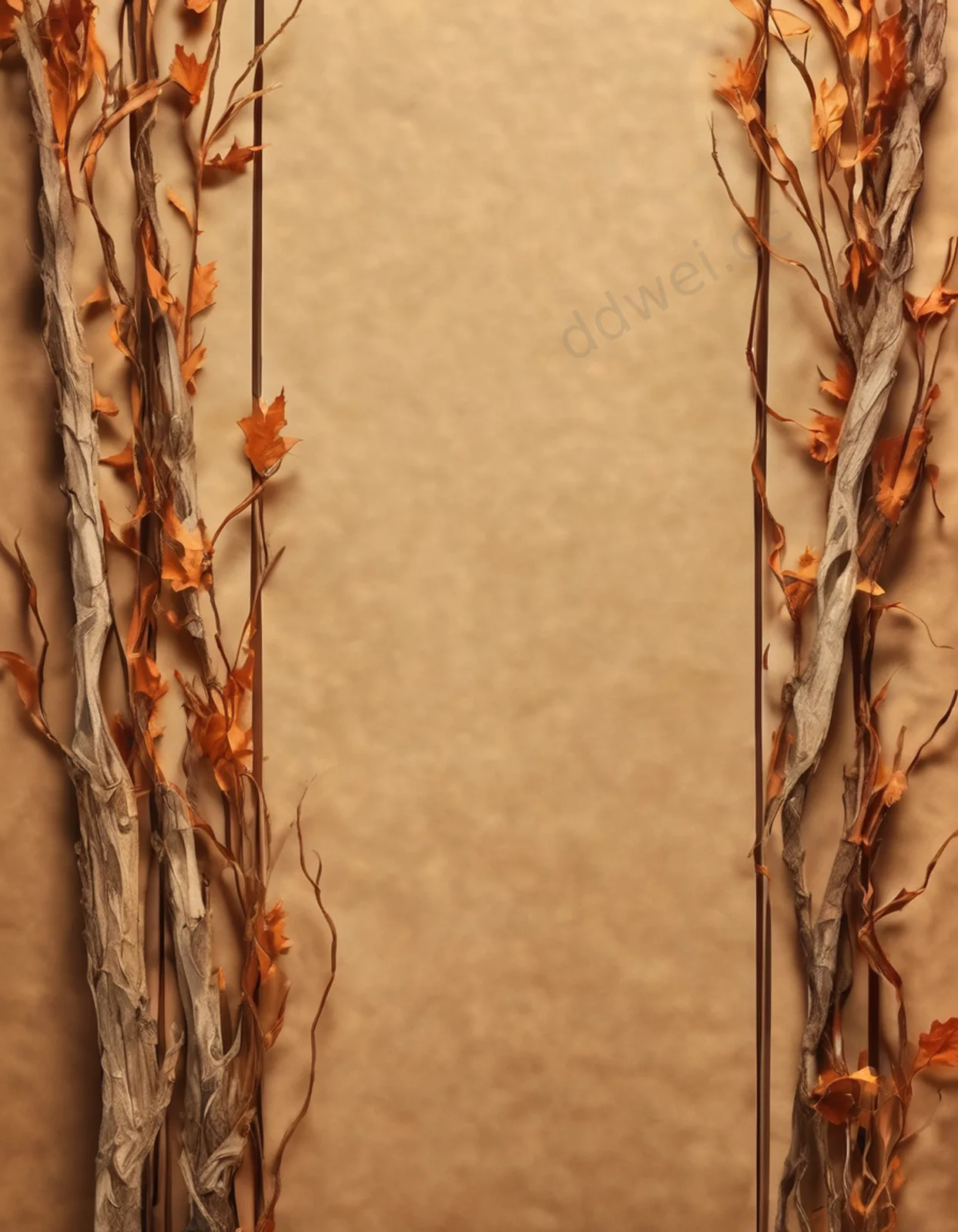 Autumn Burnt Orange Dried Branches and Ribbon Greeting Background