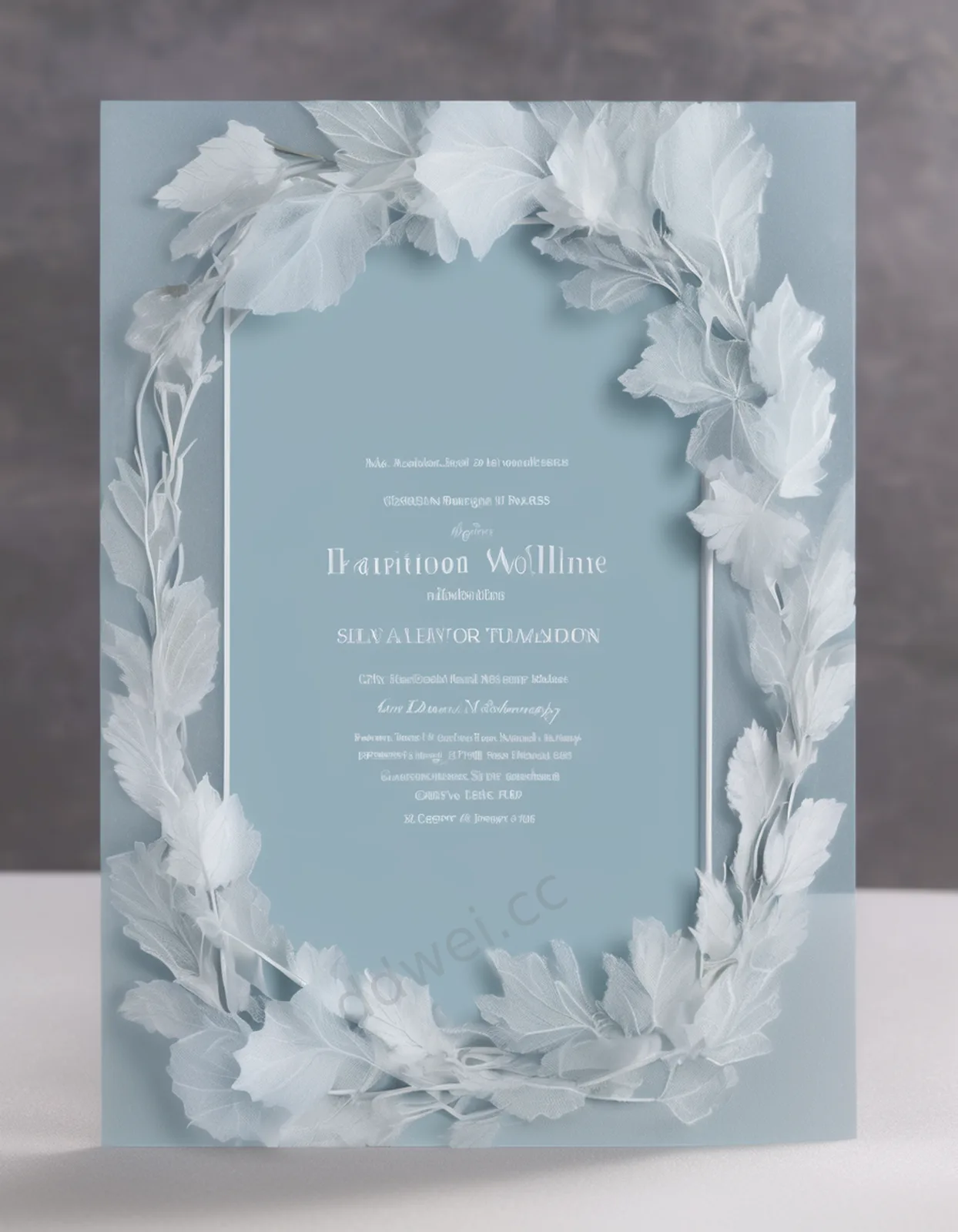 Ice Blue Tulle and Dusty Miller Leaves Wedding Invitation Background