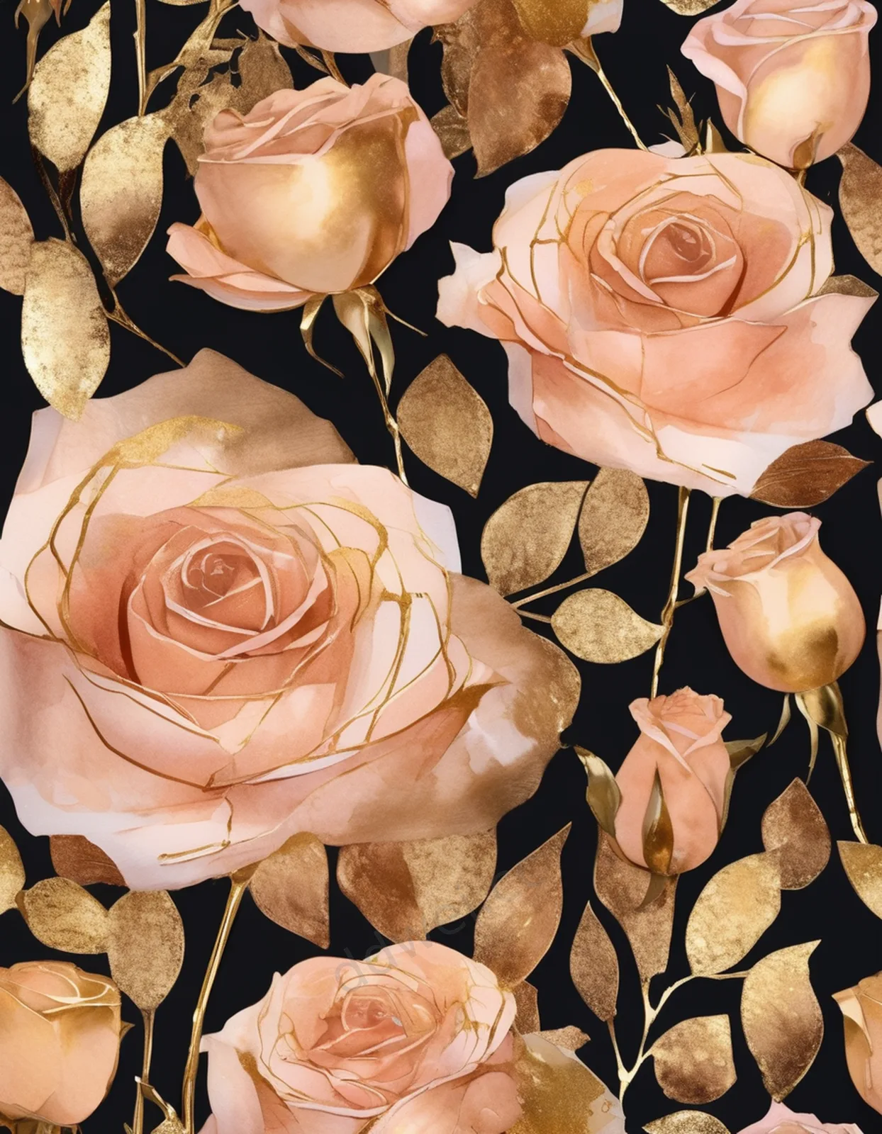 Rose Gold Watercolor Roses and Gold Foil Birthday Card Background