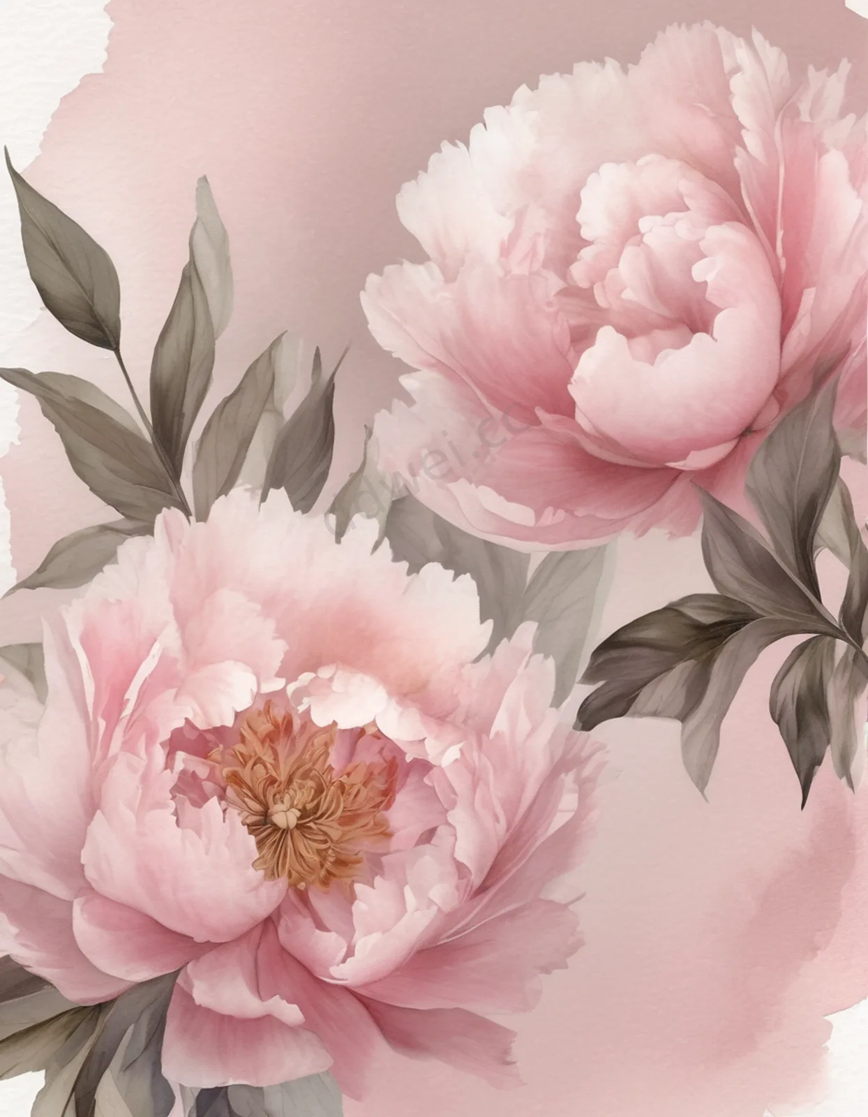 Dusty Pink Watercolor Peonies and Gauze Greeting Card Background