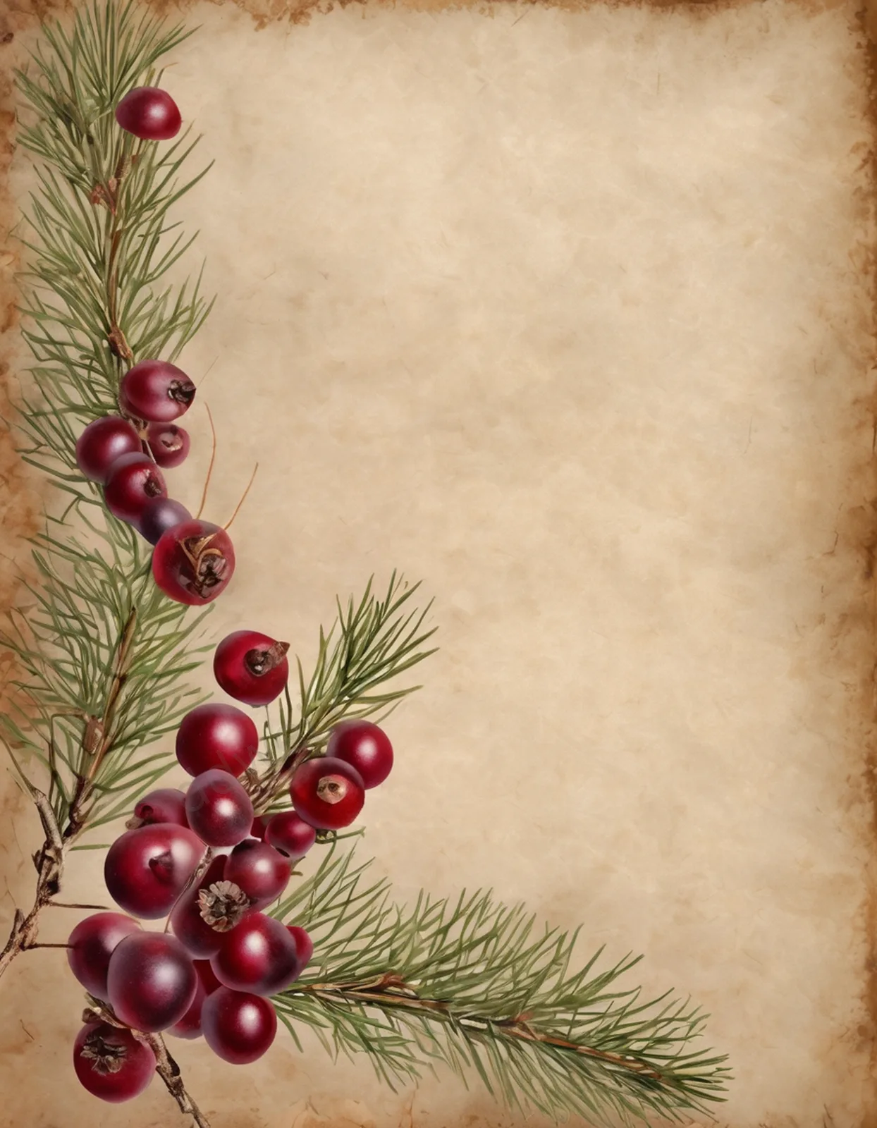 Burgundy Dried Berries and Pine Branches Winter Greeting Background