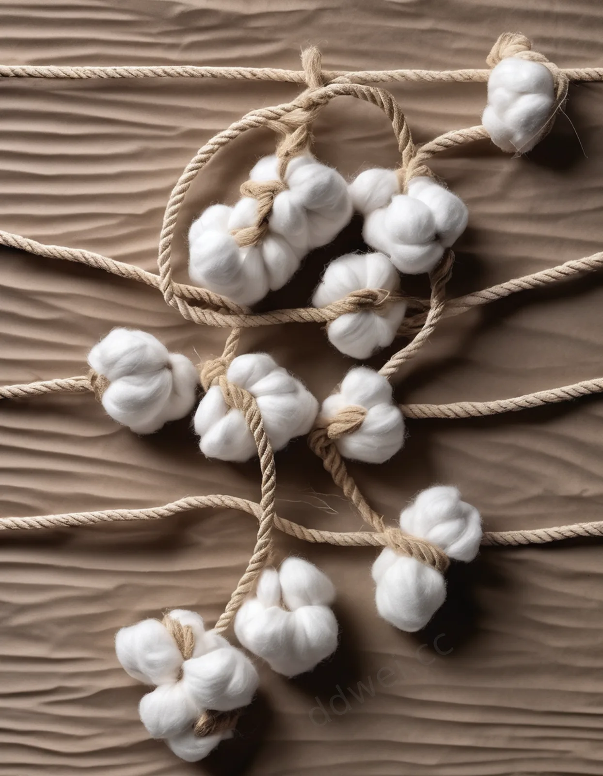 Pure White Dried Cotton Bolls and Hemp Rope Minimalist Greeting Background