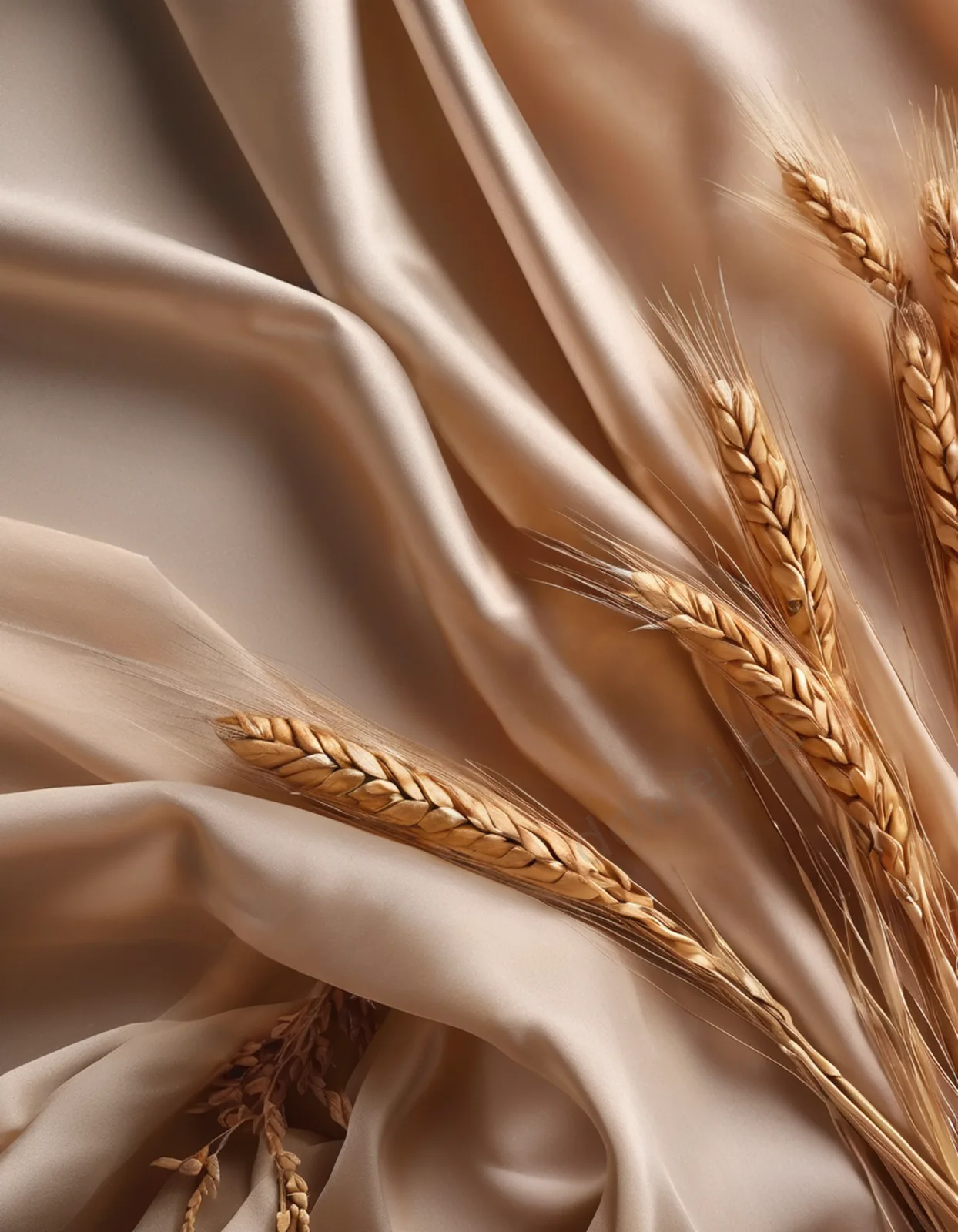 Nude Silk Ribbon and Dried Wheat Autumn Greeting Background