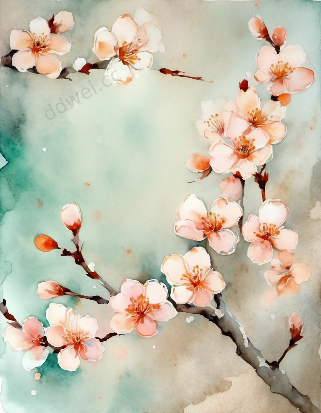 Apricot Watercolor Blossoms Fresh Spring Greeting Card Background