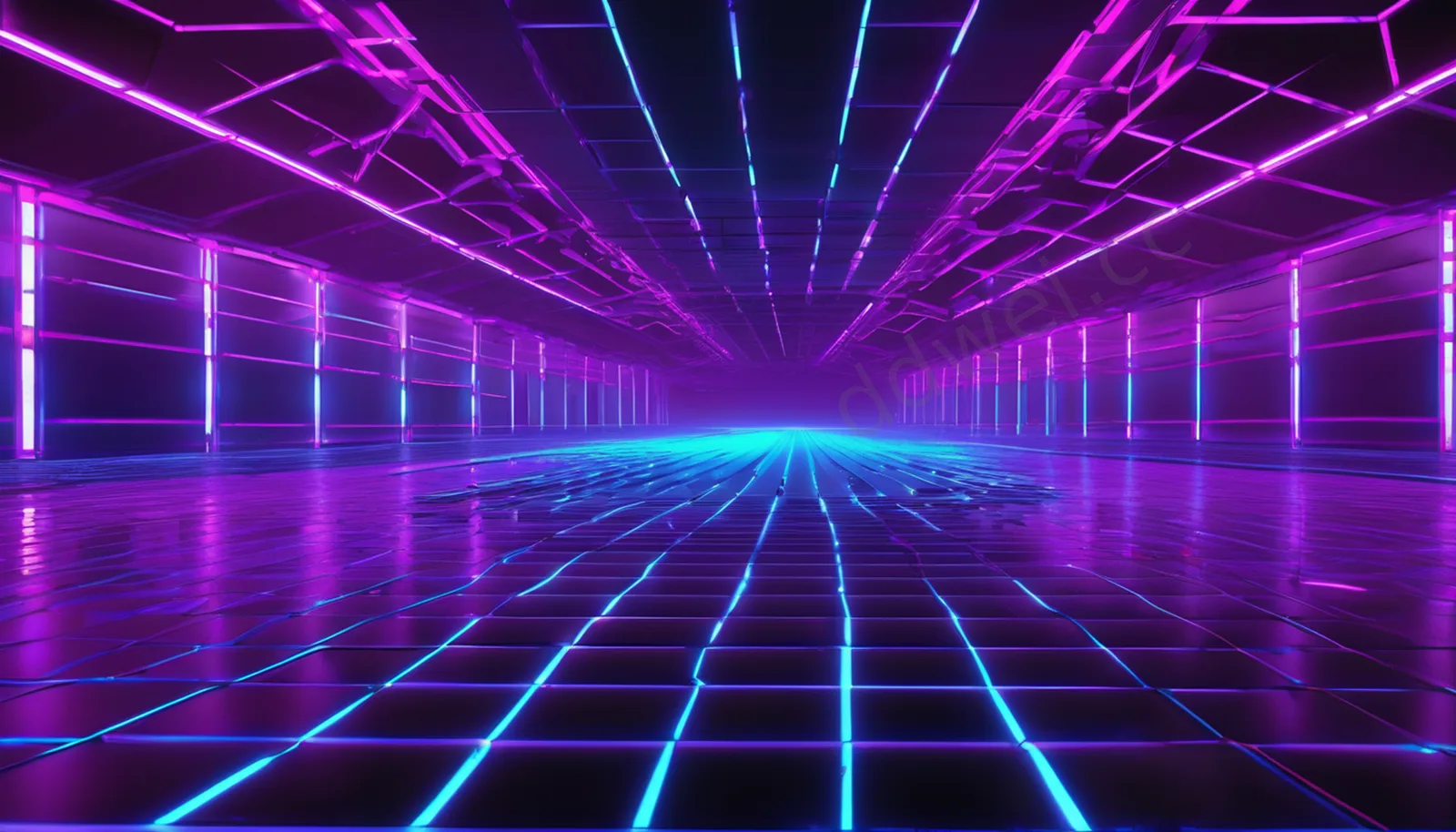 Deep Purple and Bright Blue Neon Perspective Grid Cyber Background