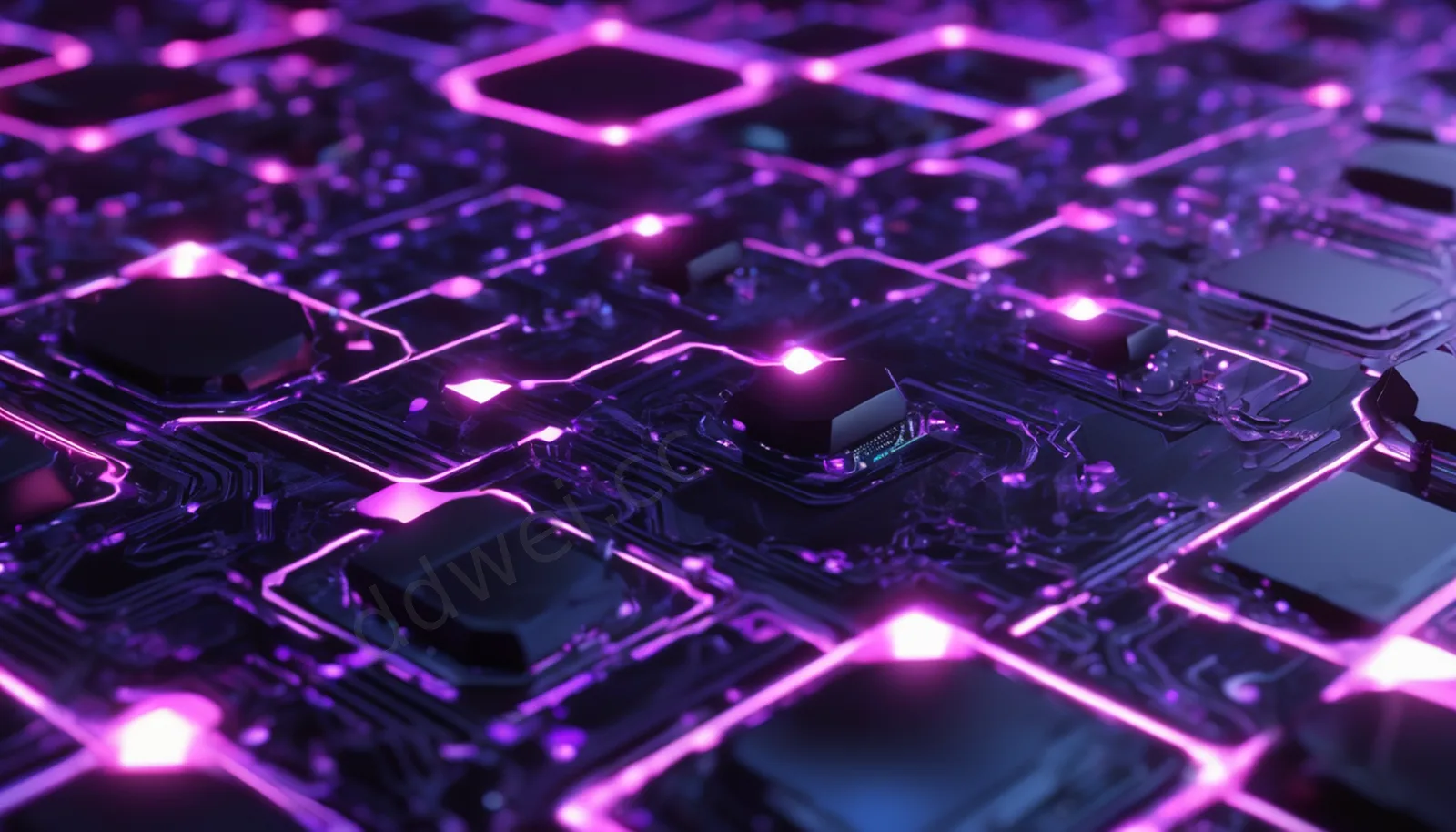 Blue-Purple and Pink Glowing Nodes Circuit Board Tech Background