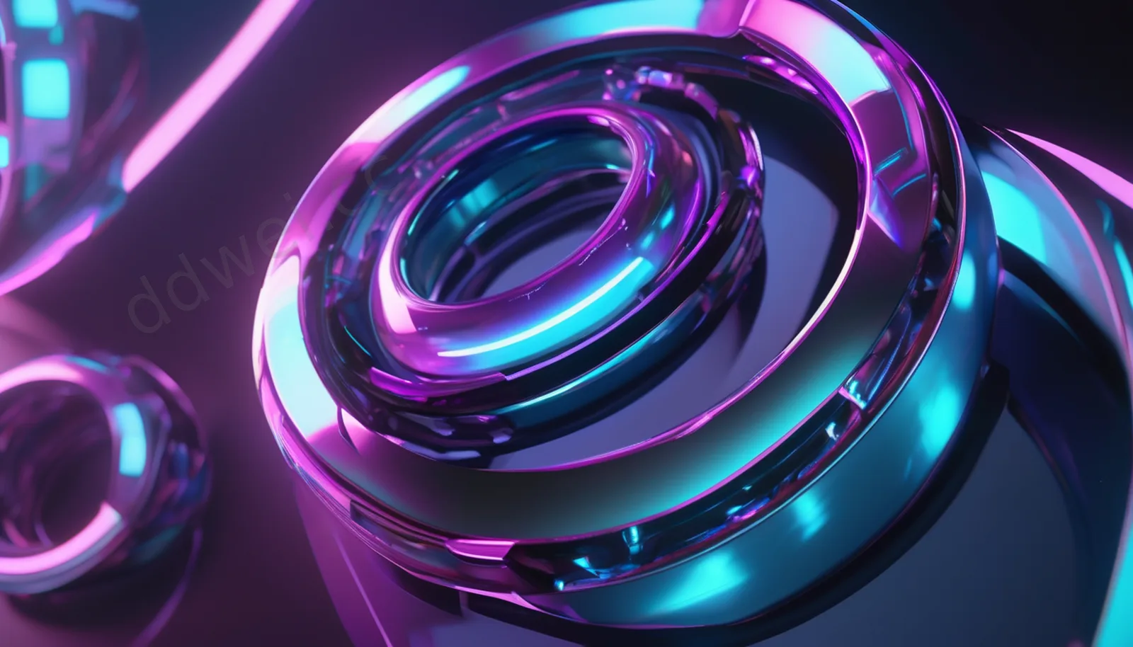 Cyan and Blue-Purple Holographic Projection Rings Dark Glass Background