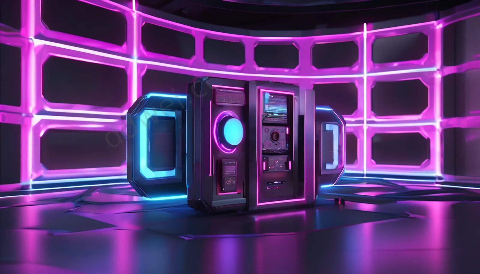 Magenta and Blue Holographic Floating Metal Panels Tech Background