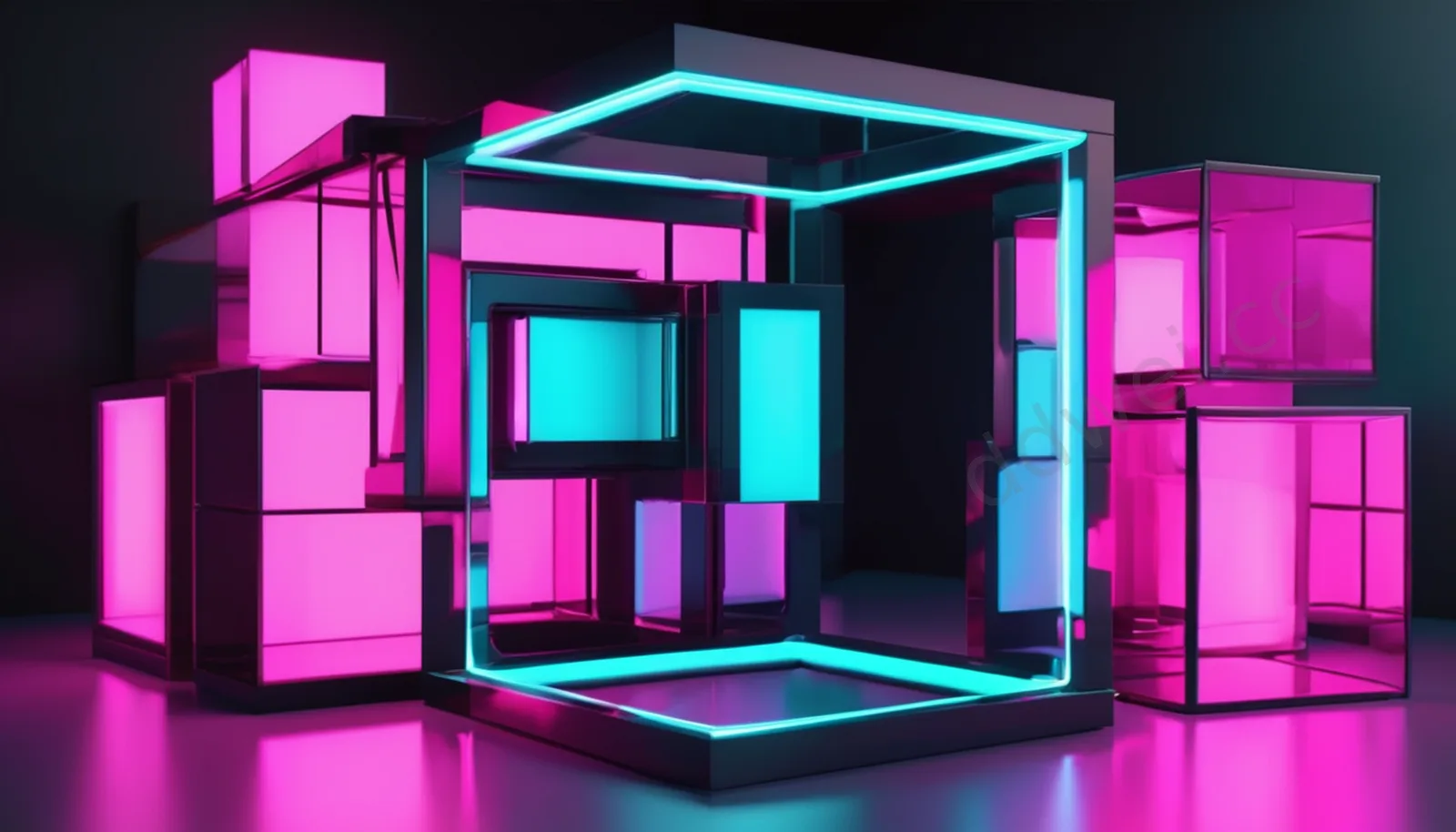 Cyan and Magenta Neon Glowing Cubes Dark Metal Background