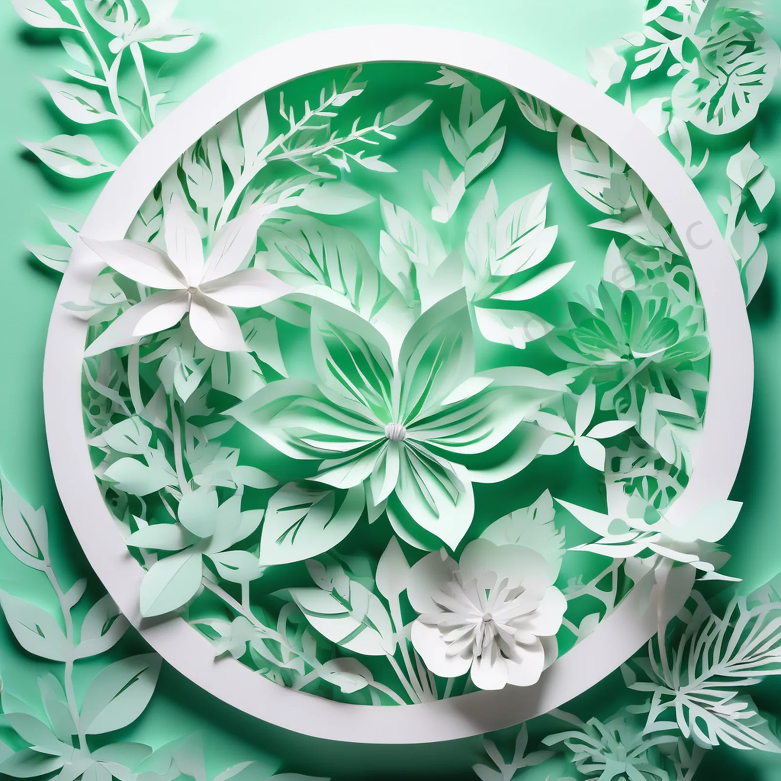 Mint Green and Pure White Multi-layered Paper Cut Flowers and Leaves Background