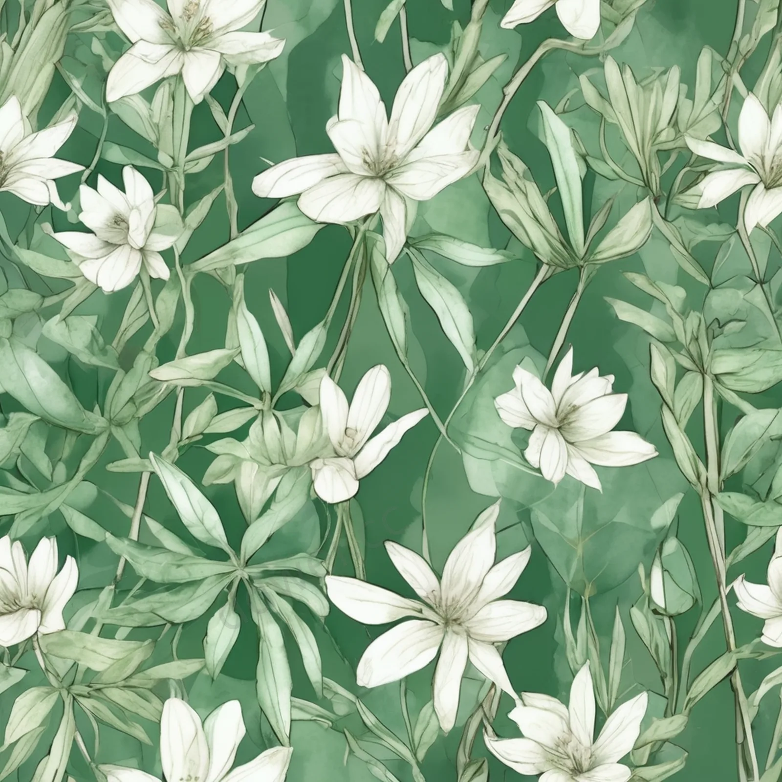 莫兰迪绿植物线稿水彩无缝底纹