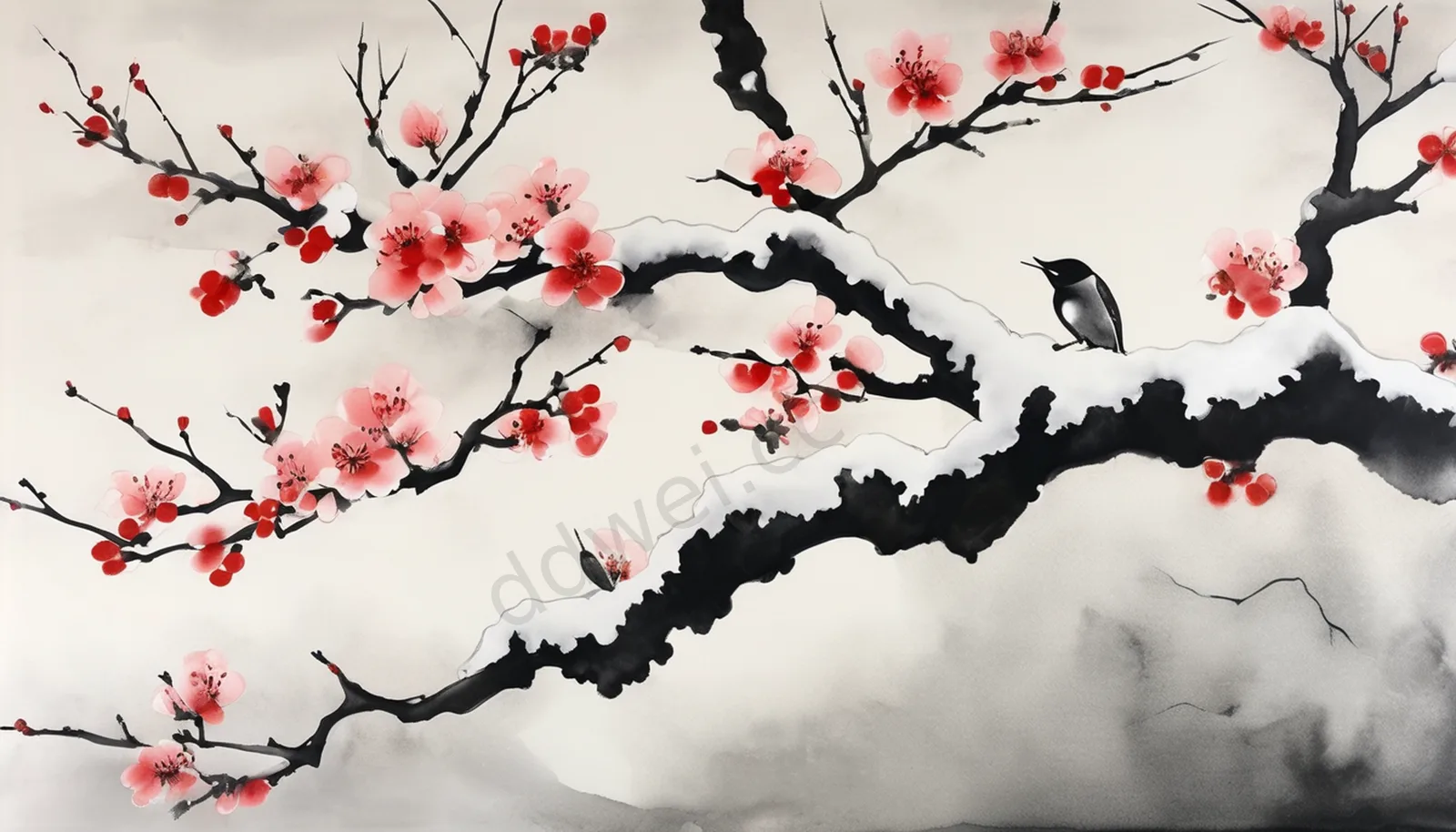 Minimalist Ink Wash Winter Red Plum Blossoms and Snow Chinese Style Background