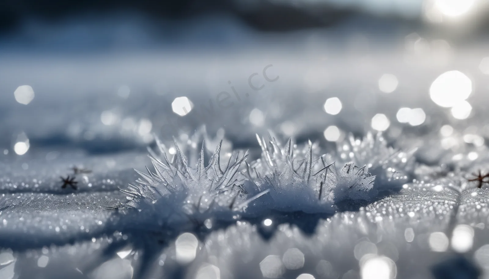 Silver White Winter Frozen Lake Surface and Snowflakes Macro Background