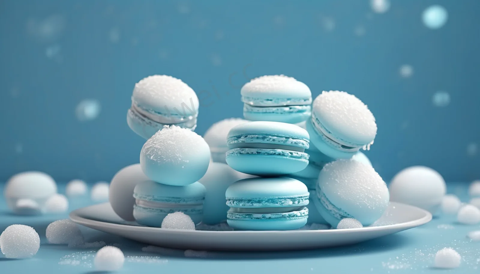 Macaron Blue and White Winter Snowballs and Icicles 3D Background
