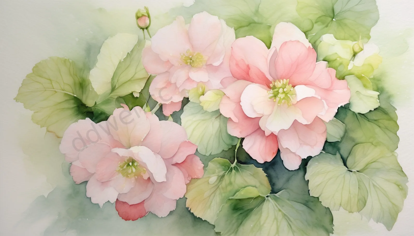 Elegant Pale Pink and Green Watercolor Begonia Branches Hand-drawn Background