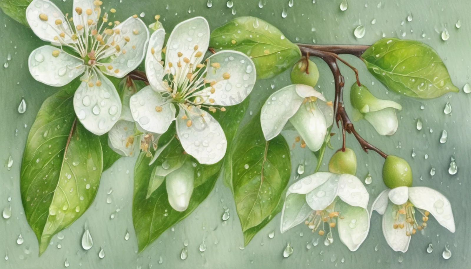 纯白淡绿彩铅梨花带雨手绘背景