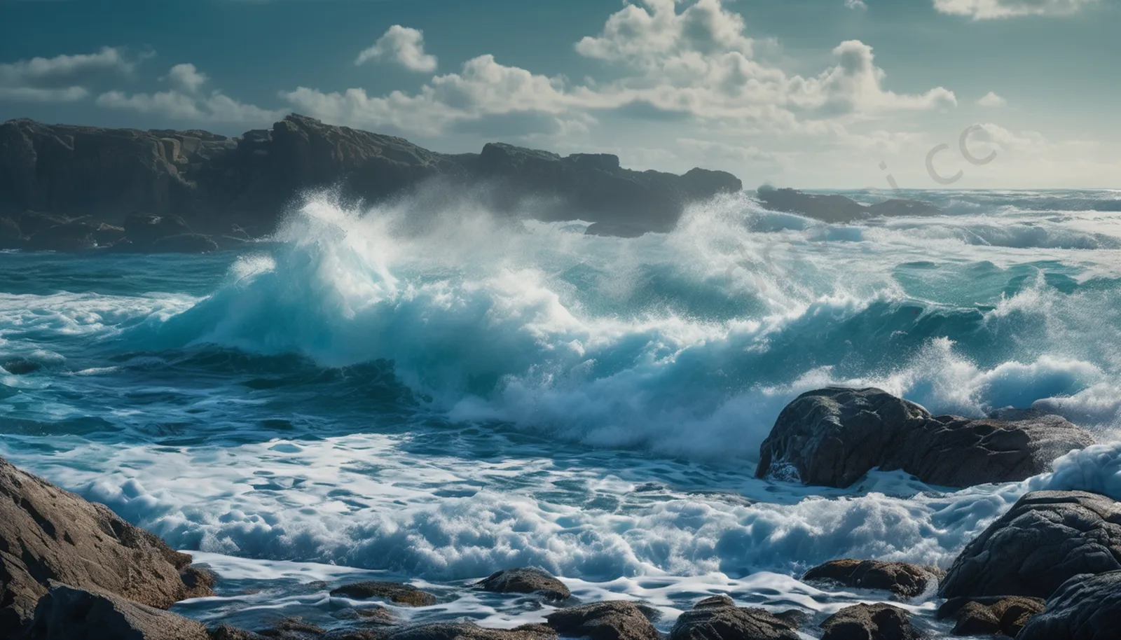 Summer Cyan Ocean Waves and Rocks Photography Background