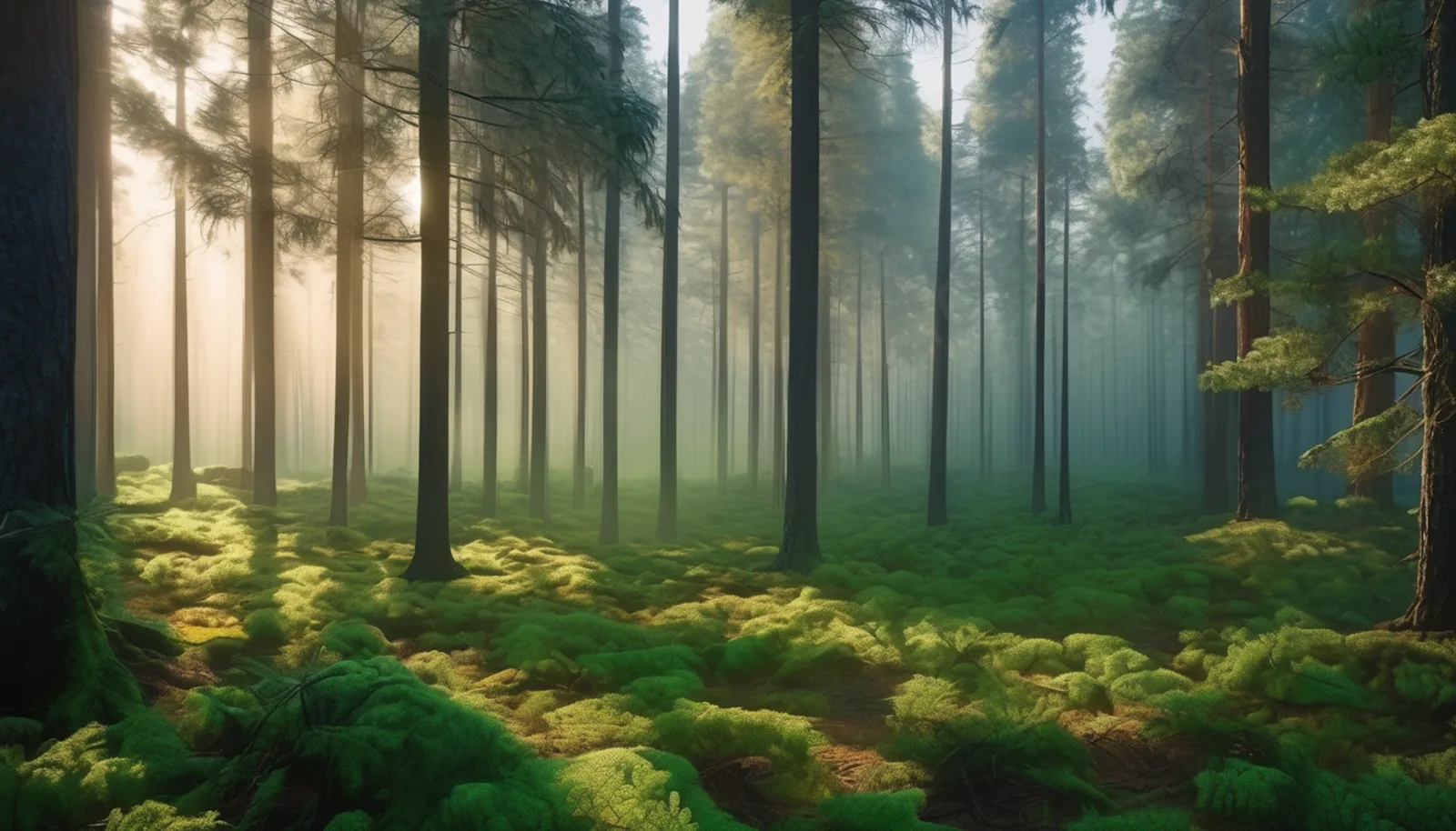 Emerald Green Misty Pine Forest Tyndall Effect Desktop Wallpaper