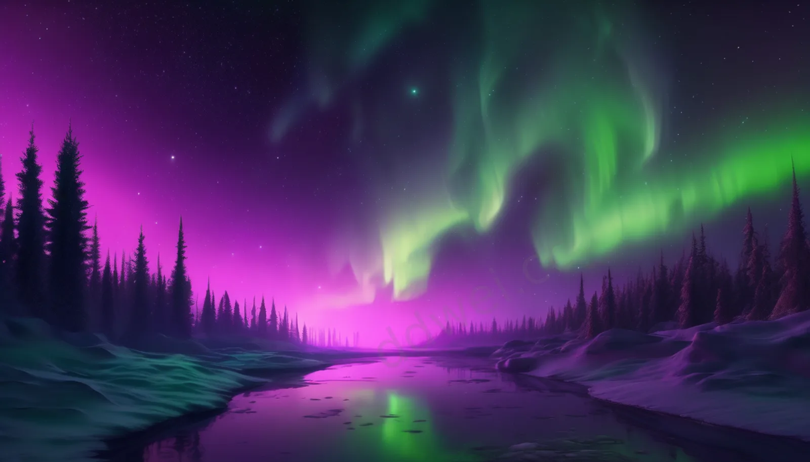 Abstract Purple and Neon Green Aurora Night Sky Dreamy Desktop Wallpaper