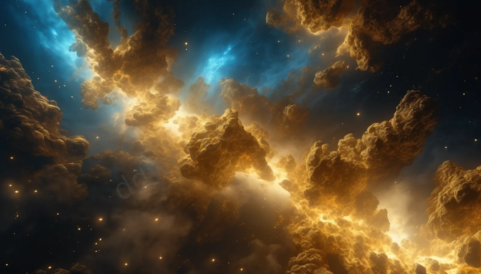 Glowing Gold and Sapphire Blue Cosmic Dust Nebula Desktop Wallpaper